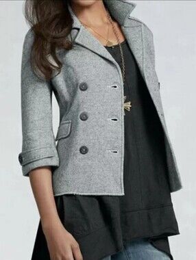 CAbi #393 Heather Gray Knit Shrunken Peat Coat Anchor Buttons Raw Hem